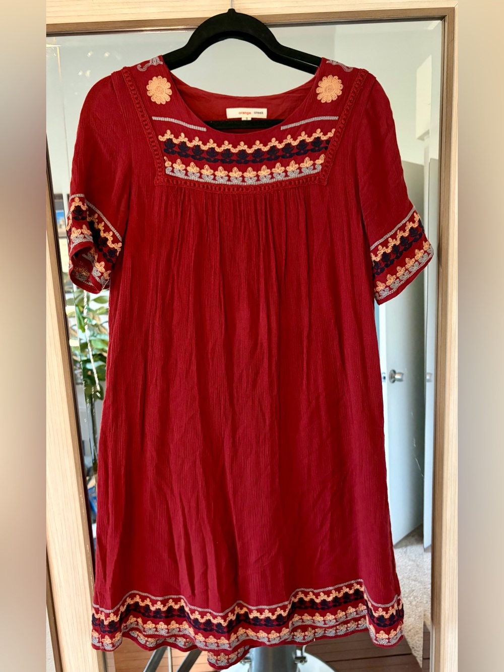 Orange Creek brand red shift dress with embroidered floral size Small